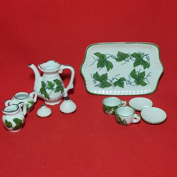 VTG Miniature Teapot Set Ivy Green Leaves 10 Pc - Picture 11 of 15